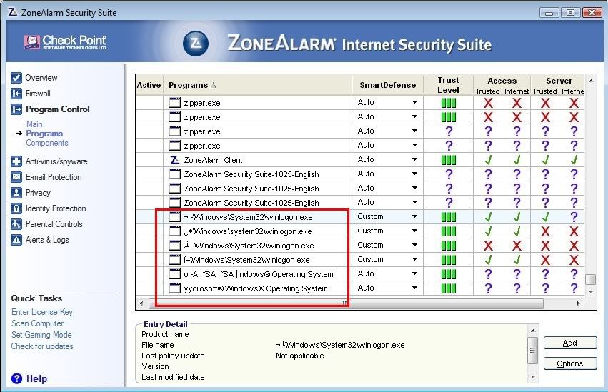 Program Control in Zonealarm