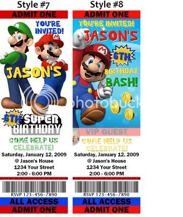 Super Mario Birthday Party Ticket Invitations Favors   