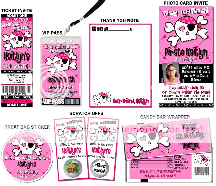 Girls Pirate Pink Skull VIP Birthday Party Invitations  