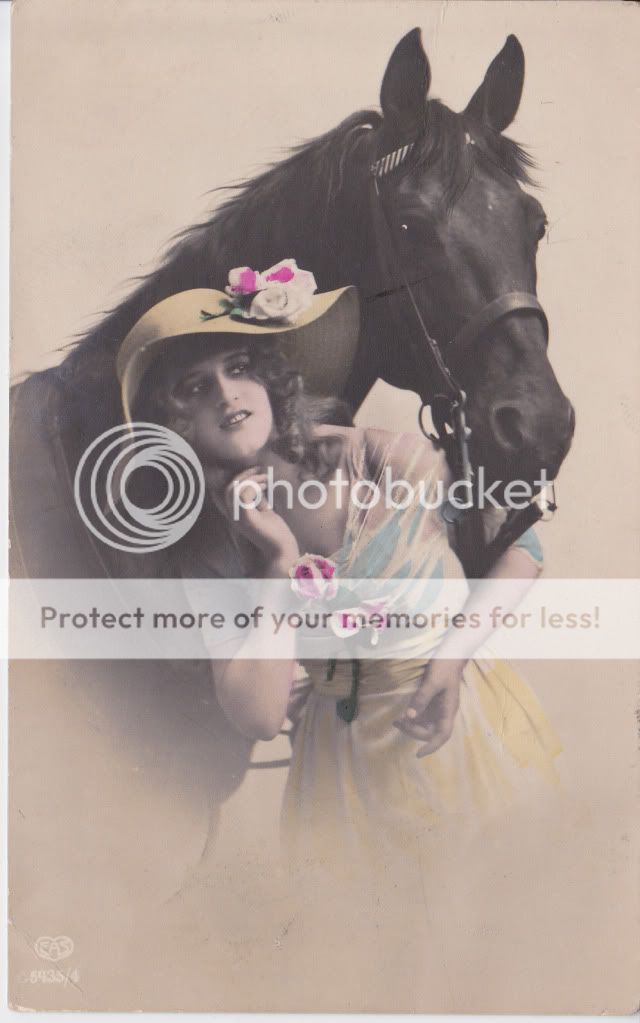 EARLY GLAMOUR GIRL AND HORSE POSTCARD TINTED RPPC  